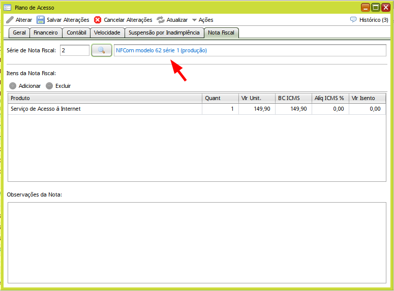 plano 11 serie nfcom selecionada