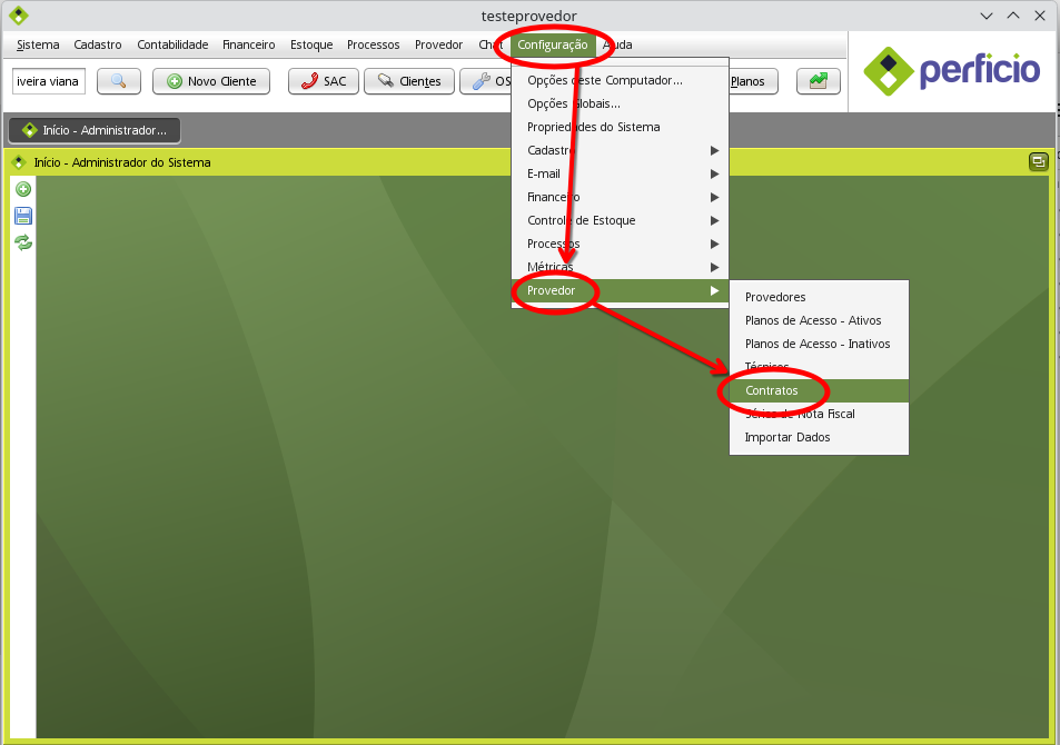 menu configuracao provedor contratos