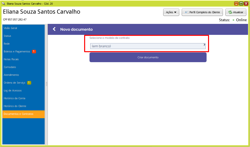 tela cliente novo documento