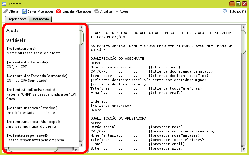 tela modelo contrato texto tags